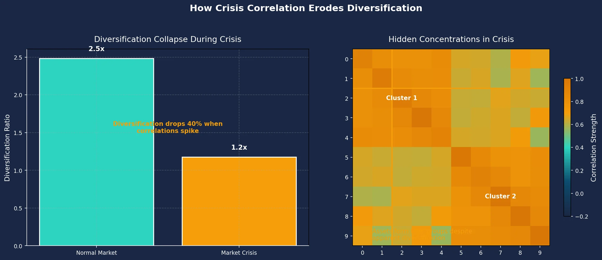 Diversification ratio plunging in a simulated crisis (left) and a correlation heatmap exposing hidden amber concentration blocks (right).