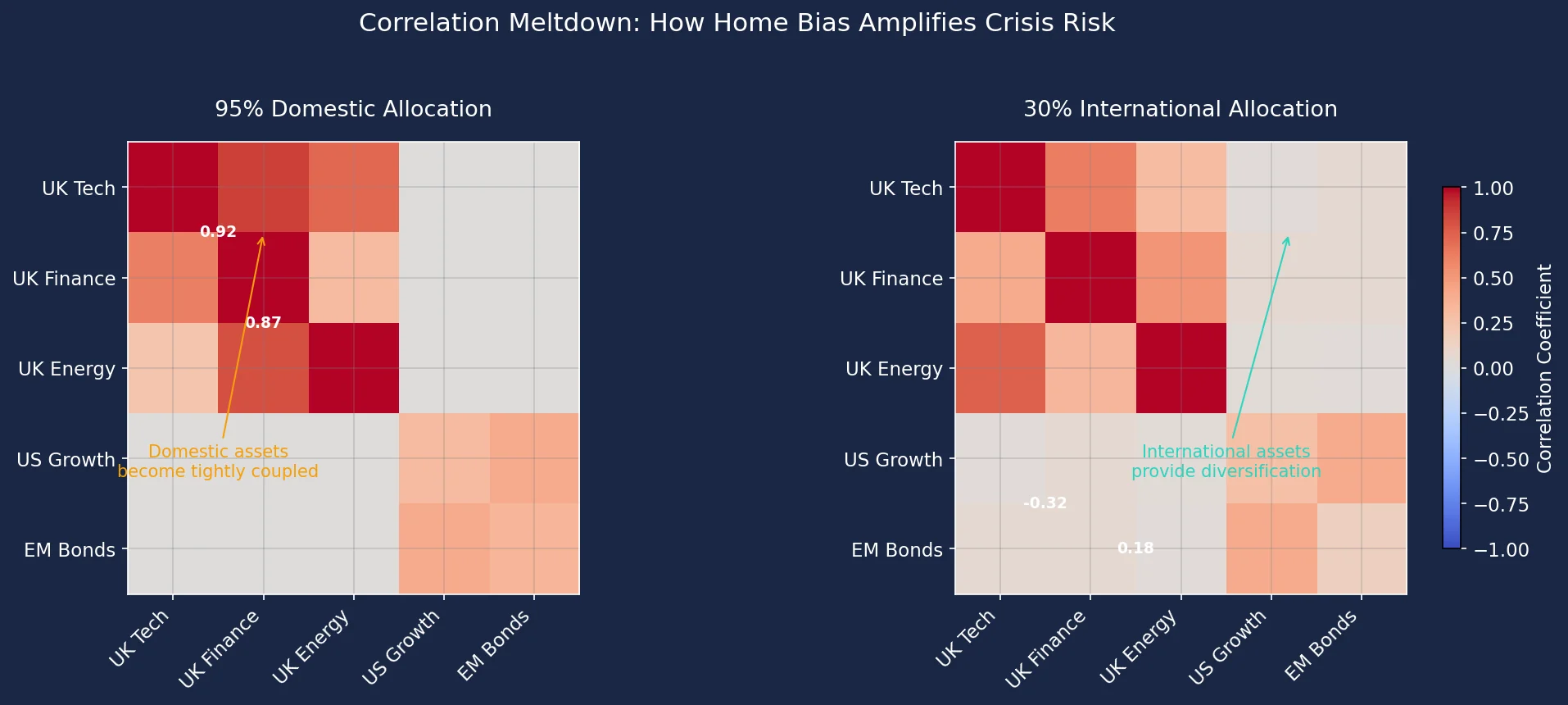 Crisis correlation heatmaps: a home-biased portfolio turns mostly amber as holdings sync, while a globally diversified one keeps teal pockets.