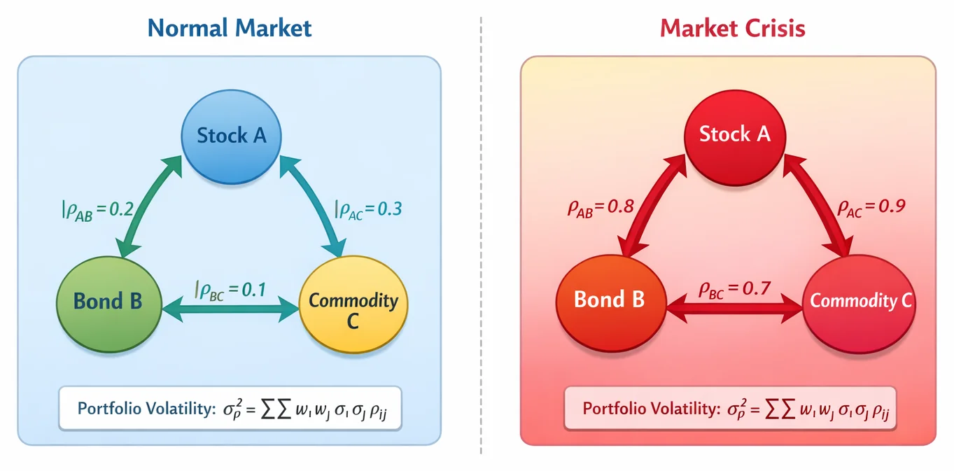 Correlation convergence during crises: Left shows independent assets (diversified), right shows synchronised assets (concentrated risk). Arrows represent correlation strength and direction.