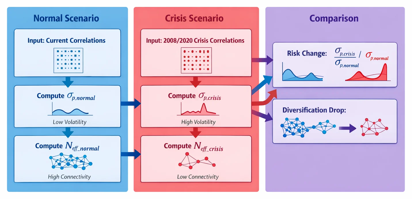 Dual-path stress-test workflow: Left path uses normal correlations, right path uses crisis correlations. Contrasting outputs reveal correlation-driven risk concentration.